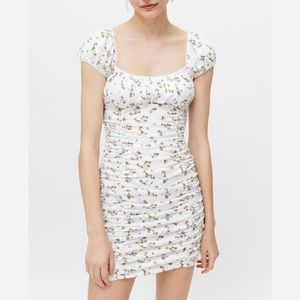 NWT Urban Outfitters Bodycon Ruched Mini White Floral Dress Blue Green S XS